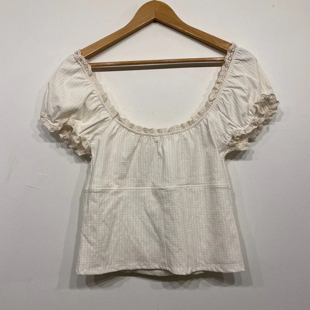 Zara Gingham Crochet Lace Trim Puff Sleeve Blouse Cream White Large